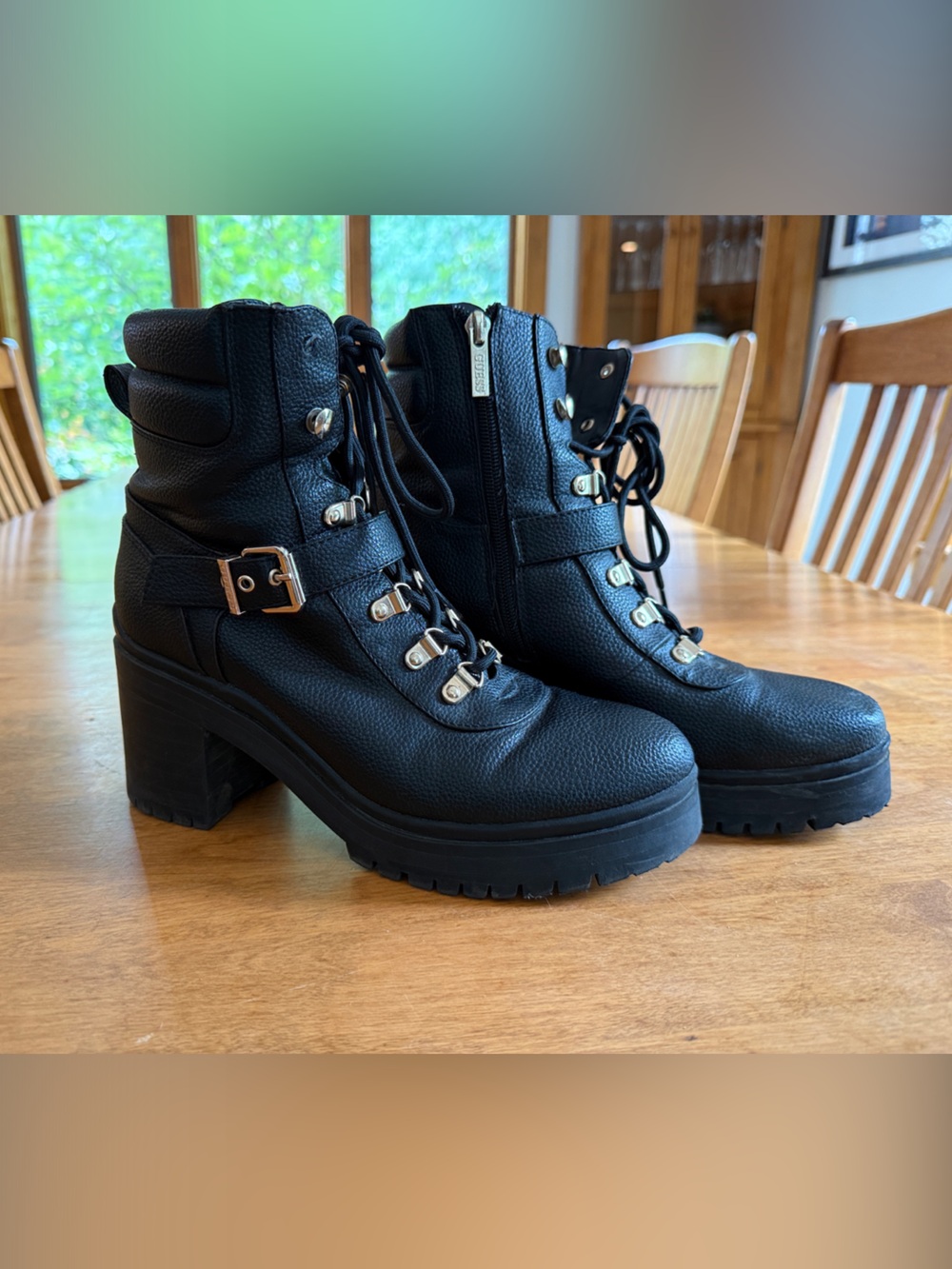 Guess Black Leather Lug Heel Ankle Boots - Women